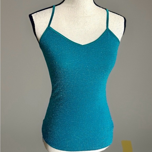 Womens Metallic Tank Top Size Xs Express Teal Green Silver Shimmer Going Out Top - Picture 3 of 10